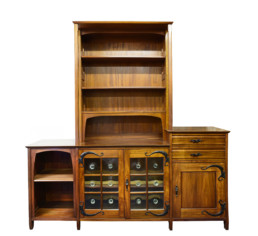 Gustave Serrurier-Bovy: Library, 1894, mahogany, handles in wrought iron, mouth-blown glass