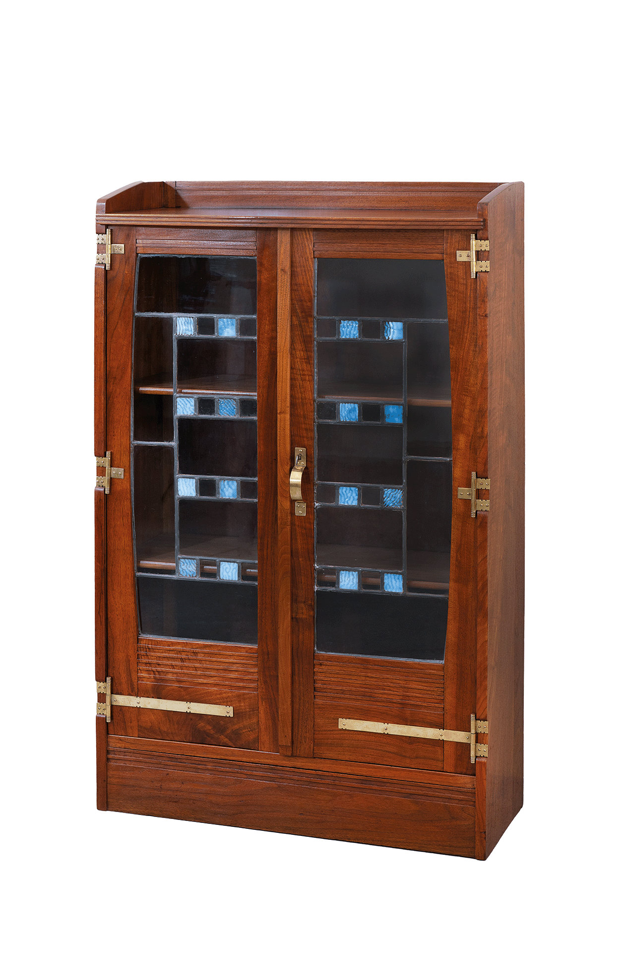 Serrurier-Bovy, vetrina in mogano, vetri colorati e ottoni, 1905