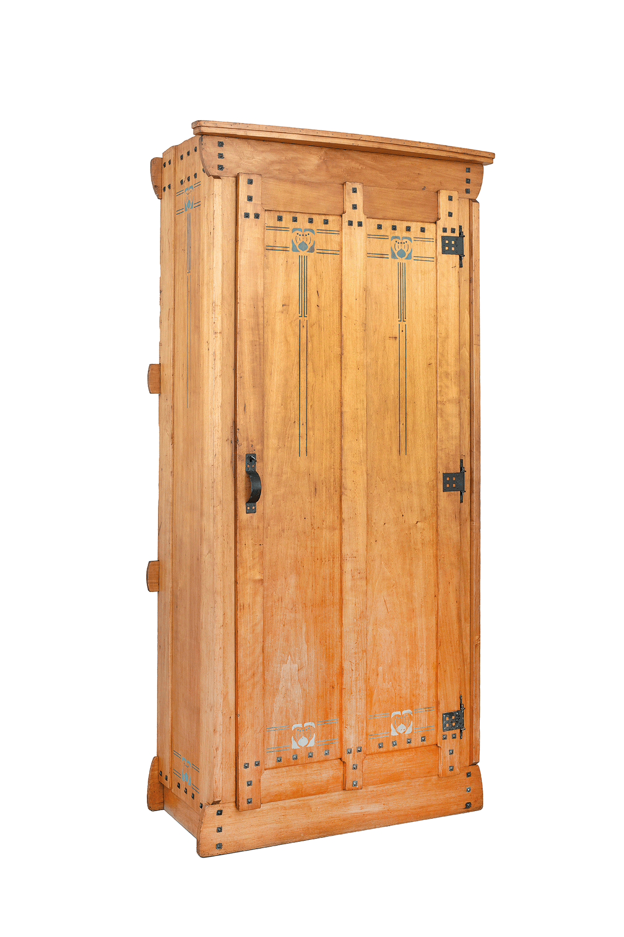 Serrurier-Bovy, armadio in pioppo, ferro patinato e decorazioni a sciablone, modello Silex, 1905