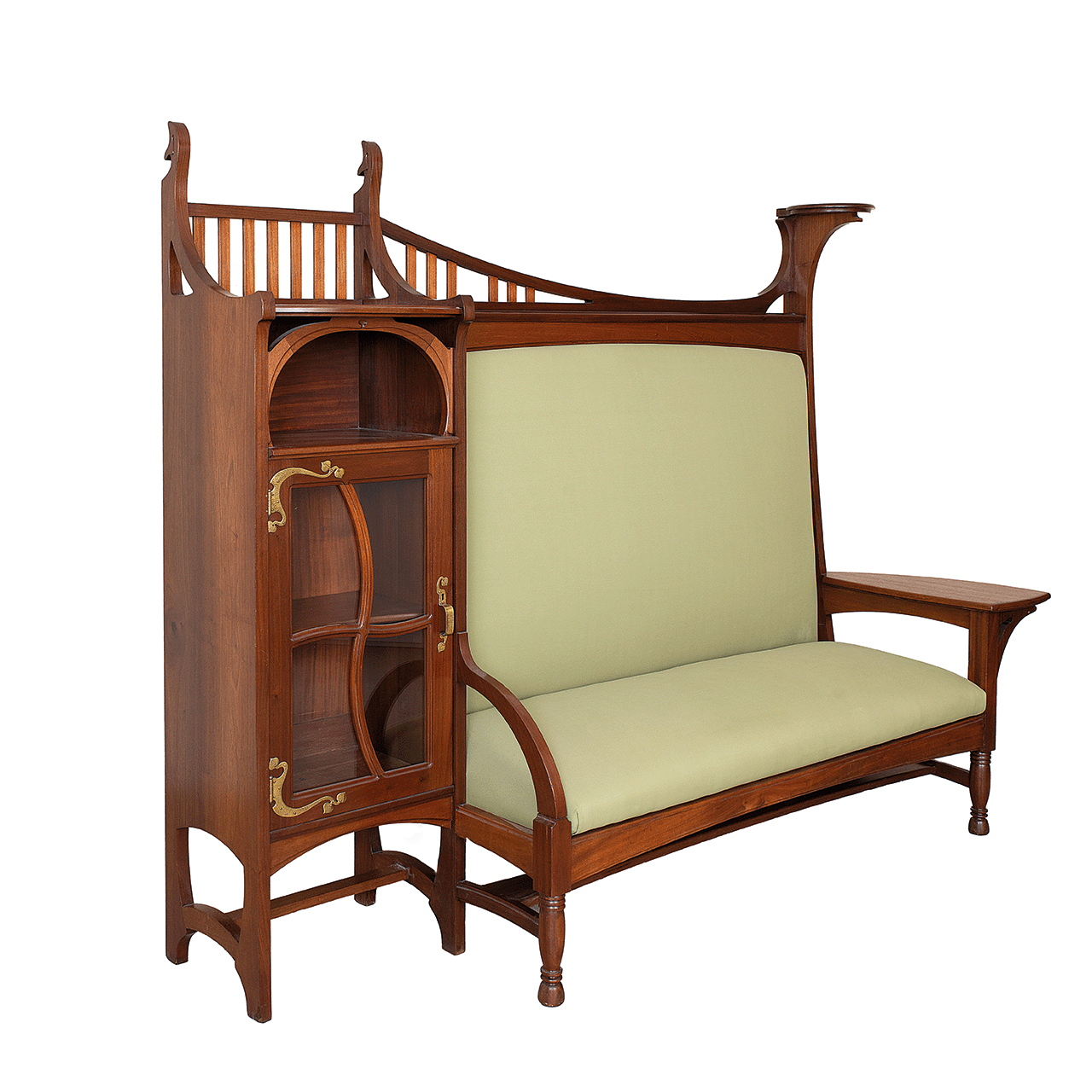 Serrurier-Bovy, divano con vetrina in mogano e ottoni, 1898